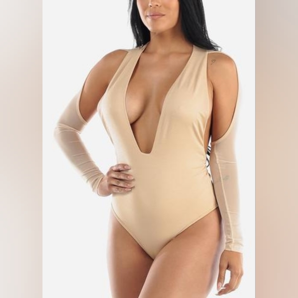 NEW! Elegant Beige Plunge Bodysuit